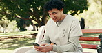 Phone, nurse and smile with student in park for medical entrance exam, result and scroll. Healthcare college, university email and study schedule with man outdoor for online portal and doctor trainee