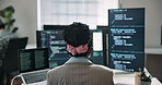 Back, woman and screen of computer for programming, coding and update firewall for cybersecurity. Programmer, coworking and reading in office with tech, debugging code and testing for data protection