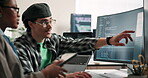 Tech, screen and man in meeting for code review, refine design or mobile prototype for app launch. Office, people and computer for frontend development, examine functionality and site test on tablet