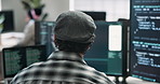 Back, man and computer screen in office with code, programming and script for cybersecurity. Developer, coworking and coding in workplace with tech, debugging firewall and testing for data protection