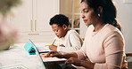 Kid, homework and mother with laptop for remote work, typing report and help child with assignment. Woman, son and assistance in house with school task, conversation and computer for freelance job.