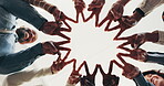 Below, fingers and huddle with business people in circle together for connection or solidarity. Collaboration, diversity and support with happy employee group in unity for development or synergy