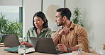 Finance, laptop and talking with couple in home together for household budget or investment review. Computer, conversation and online banking with people in apartment for financial or risk management