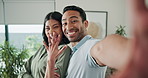 Love, couple and selfie in home with engagement ring, proposal announcement and excited fiance. Face, happy man and woman with picture POV, marriage commitment and show jewelry on social media post