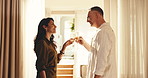 Hotel, couple and toast with champagne for love, travel and celebration for anniversary vacation. Mature man, woman and cheers with sparkling wine at resort, smile and care with drink on holiday