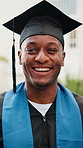 Graduation, happy or black man on campus with face, college pride or success in academic achievement. Education, smile or university student with portrait, confidence or victory at diploma ceremony.