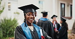 Face, smile and student at campus for graduation, ceremony and diploma for degree completion. Portrait, woman and graduate outdoor with arms crossed, accolade award and accomplishment for education