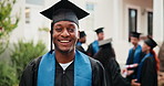 Face, man and student outdoor for graduation, ceremony and college diploma of degree completion. Portrait, male person and graduate at campus with certificate, accolade award and learning achievement