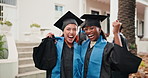 Graduate, face and happy women hug at ceremony, laughing or excited friends with academic milestone. Outdoor, portrait and people with smile for graduation, embrace and celebration for achievement