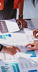 Hands, people and graphs in meeting with documents, data analysis and finance report for profit. Staff, collaboration and review in office with statistics, kpi results and charts for financial growth