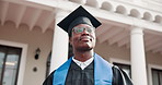 Thinking, man or happy on campus for graduation, growth mindset or proud reflection of success. Student graduate, black person or future vision outdoor for transition, academic milestone or gratitude