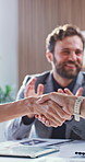Happy, businessman and meeting with handshake for corporate merger, onboarding or b2b deal. Man, employees or colleagues shaking hands with team applause for partnership, agreement or consolidation