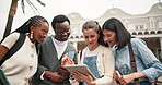 Students, discussion and smile at college with tablet, friends and registration for higher education. Happy, people and talk outdoor on campus with tech, research curriculum or university enrollment.