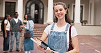 Face, woman and laugh at college with textbooks, future and positive attitude for higher education. Happy, person or student outdoor at university campus for learning, scholarship or knowledge growth