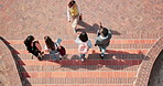Above, teacher and students on campus for greeting, collage and school acceptance or friends. Wave, people and walking with professor, education and ready to start day at university for welcome