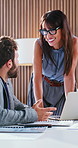 Happy, manager and team in creative office with laptop, conversation and impressed by AI marketing. People, smile and talk in business with computer, innovation or good review for online advertising.