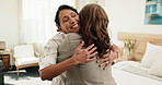 High five, team and hug with women in hotel room for business partner, conference success and relax. Happy, seminar goal and corporate trip with people in bedroom for support, travel and opportunity