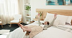 Spinning, excited and business woman in hotel room for happy, conference success and hospitality. Convention achievement, relax and seminar target with person on bed in lodge for smile and travel