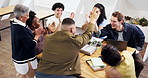 College, success and high five with friends, education and clapping for academic development or win. University, achievement and happy people with scholarship, fist bump and celebration in classroom