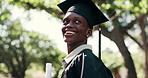 Smile, black man and student with diploma at graduation, ceremony and mindset for future career. Thinking, graduate and farewell in nature with certificate, celebration and complete degree at college