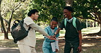 Medical, students and hand stack for success at university, college and study for nursing program. Friends, outdoor and excited people celebrate for victory, exam results and support for education