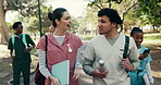 Campus, walking and med students at university for learning, nursing school and travel to class. Happy, friends and people in conversation outdoor for education, knowledge and bonding at college