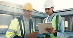 People, meeting and inspection on construction site with tablet, quality assurance and project. Contractor, collaboration and flare with digital tech for engineer, conversation and safety compliance