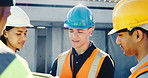 Team, meeting and inspection on construction site with tablet, quality assurance and project. Electrician, collaboration and people with digital tech for engineer, conversation and safety compliance