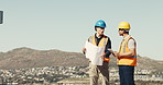 Men, quality control and inspection on construction site with tablet, discussion or project. Electrician, digital tech and people with space and blueprint for engineer, meeting or safety compliance