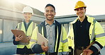 Face, team and happy with contractor for construction workforce, renovation project and tablet. People, engineer and workers with pride for building development, remodeling leader or safety checklist