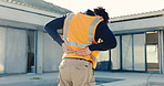 Construction worker, back injury and person with pain at site, discomfort or overwork health risk. Building development, backache and man outdoor with sore spine, occupational hazard and accident