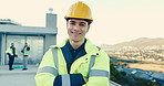 Face, construction worker and man with arms crossed outdoor, property building and career pride. Confidence, architecture or happy person at site for real estate development, manual labor or about us
