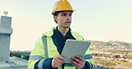 Builder, man and thinking with tablet on construction site for building design or project. Male person, contractor or laborer contemplating with technology for architecture strategy or maintenance