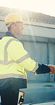 Engineer, handshake and meeting at site with construction worker, tablet and project collaboration. People, builder and shaking hands outdoor with supervisor, tech or advice for property development.