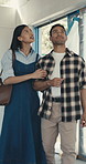 Couple, walking and inspection with open house for building view or property investment together. Man, woman or homeowners checking apartment renovation for real estate option, choice or home listing