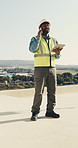 Engineer, phone call and happy man with tablet in city, property development and talk with contact. Civil engineering, communication and mature black person with mobile, space and research with tech
