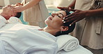 Spa, temple and couple with facial, massage and relax for stress relief, romantic getaway and calm. Hospitality, resort and mature man with woman for treatment, pamper and wellness for anniversary