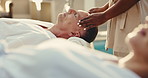 Spa, couple and man with facial, massage and relax for stress relief, romantic getaway and calm. Hospitality, resort and mature people with masseuse for treatment, pamper and wellness for anniversary