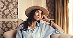Travel, happy and woman in hotel with thinking, trip reflection and calm moment on summer holiday. Relax, nostalgia and mature person with daydreaming, peaceful perspective or mindfulness on vacation