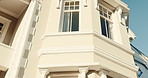 Building, hotel or structure with windows for accommodation, hospitality or travel destination. Empty, concrete or architecture with infrastructure for vacation lodge, housing or holiday shelter