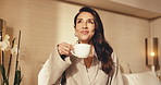 Thinking, happy or woman in hotel room with coffee, trip reflection or calm moment on holiday break. Chill, tourist or mature person with warm drink, peaceful perspective or mindfulness on vacation.