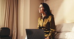 Hotel, thinking and business woman on laptop for conference agenda, check in or booking on work trip. Hospitality, thought and mature person on computer for planning, convention itinerary or schedule