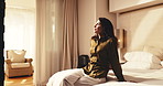 Bag, woman and arrival in hotel room with relax, overnight stay and unwind for business travel. Comfort, mature professional and smile on bed for work trip checkin, traveler downtime and decompress