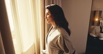 Thinking, happy or woman in hotel room with window, trip reflection or calm moment on holiday break. Smile, chill or mature person with satisfaction, peaceful perspective or mindfulness on vacation.