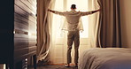 Back, man and open curtains in hotel room with morning routine, fresh air and thinking of vacation. Person, start day and reflection by accommodation window with weekend, holiday and relax on trip.