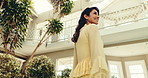 Thinking, happy or woman in hotel with walk, trip mindset or mindfulness on summer holiday. Flare, below or mature person in resort with positive memory, reflection or peaceful perspective in getaway