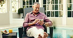 Outdoor, smile and senior man with phone, scroll and communication with contact on social media app. Browsing, message and retired person with mobile on vacation, happy and internet connection on web