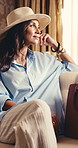 Thinking, chill or woman in resort with smile, positive mindset or trip memory on summer vacation. Happy, relax or mature person with nostalgia, holiday reflection or peaceful perspective on getaway.