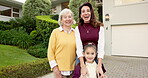 Real estate, face and happy family in front yard for new house, relocation support and laugh. Grandma, mother and child with pride in driveway for dream home purchase, future security and generations