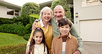 Face, grandparents and kids outdoor with smile, love and parental support for quality time. Portrait, old people and embrace at house with children, babysitting weekend and generations for family fun